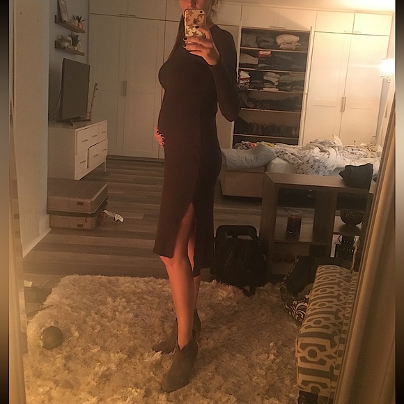 Olive Green Enza Costa Long Sleeve Ribbed Midi Dress - Picture 2 of 2